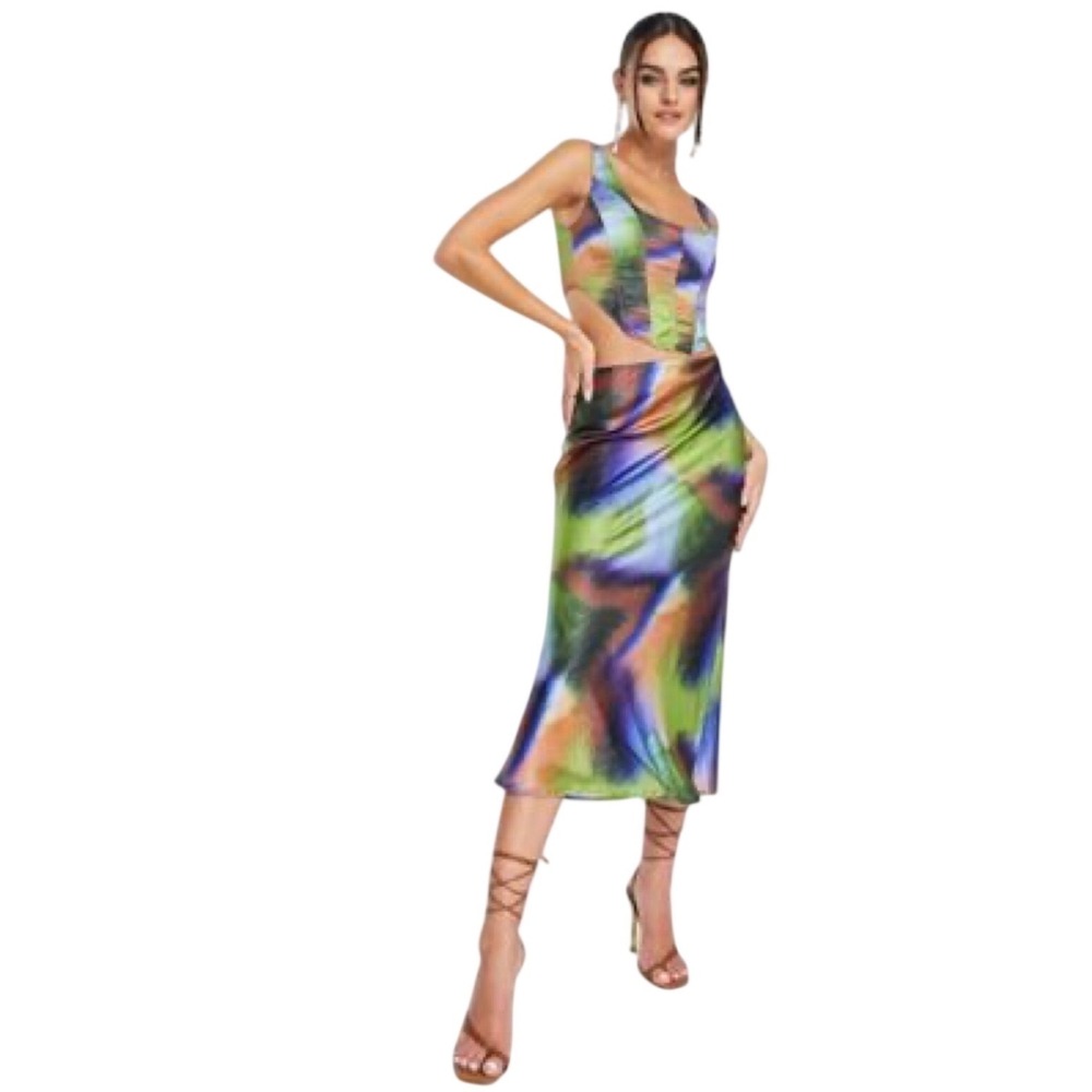 Rare London Abstract Blur Print Midi Skirt Multi Color CYN19 Small‎ US 4